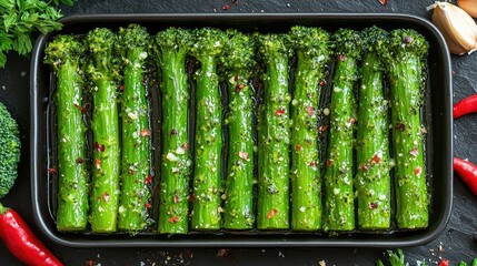 Freshly cooked green vegetables in a baking dish ready to eat