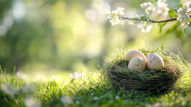 Speckled eggs in a natural bird's nest on green grass with blooming spring branches in soft sunlight.