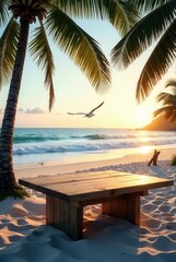 Fototapeta premium Tranquil Sunset Beach Scene with Wooden Table and Flying Bird at Golden Hour