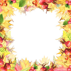Autumn watercolor illustration: elegant frame, square wreath floral composition. Hand drawn isolated object on a white background. Element for design pattern, invitation, textile, card, scrapbook