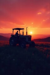 Obraz premium Silhouette of a farmer operating an agricultural tractor at sunset, enjoying the picturesque rural landscape