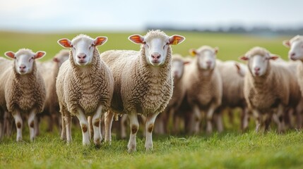 Fototapeta premium A group of sheep stands confidently in a green pasture, showcasing their fluffy wool and curious expressions against a serene landscape.