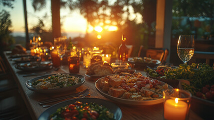 Christmas dinner table with candles, fresh and delicious food, salad, and red accents for a festive buffet setting