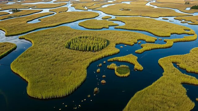 Aerial View of Serene Wetland with Lush Green Reeds and Winding Waterways