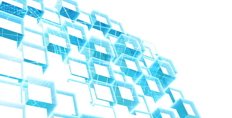 Horizontal abstract background with modern block boxes pattern. Blue and white backdrop with shape designs, geometric blocks and squares layered. Copy space for text. 3d render