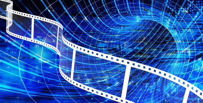 Horizontal background with old retro film strip, mesh tunnel and abstract circuit board. Cyber technology in movie and photography concept. Reel cinema filmstrip on futuristic backdrop. 3d render