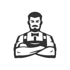 Brutal male barber shop hairdresser shaving minimalist icon for logo vector illustration. Barbershop hipster man portrait with crossed hands gentleman grooming service hairstyle monochrome badge