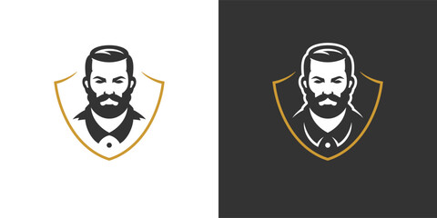 Brutal man portrait in golden shield barbershop icon for logo set vector illustration. Strong male with mustache beard face coiffure gentleman grooming service hairdresser minimalist badge