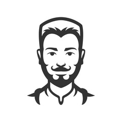 Hipster brutal man face barber shop minimalist black icon for logo vector illustration. Barbershop male portrait with mustache and beard professional coiffure hairdresser monochrome badge