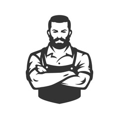 Strong brutal fashion male barber shop portrait black icon for logo vector illustration. Barbershop man hairdresser posing with crossed hands professional gentleman grooming service badge