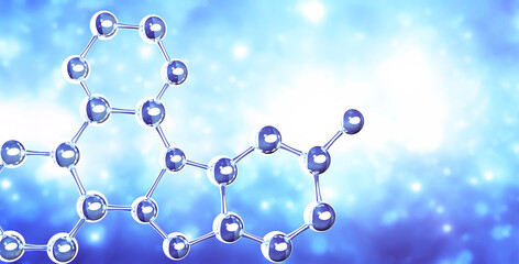 Horizontal banner with model of abstract molecular structure. Background of blue color with glass atom model. Copy space for your text. 3d render