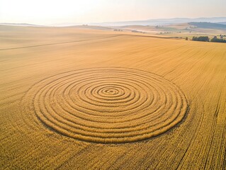 Naklejka premium Dramatic aerial view of golden wheat fields with intricate crop circles, soft morning mist creating gradual transitions, abstract agricultural patterns