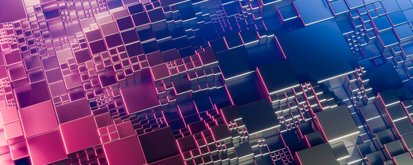 Futuristic geometric abstract background with metallic cubes in pink and blue neon light creating modern digital technology structure with reflections and depth. 3d illustration