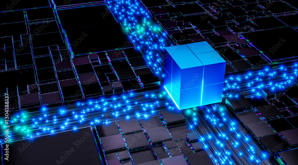 Poster quantum processor futuristic technology 3d illustration digital computing artificial intelligence cy