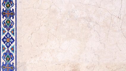 Detail of traditional persian mosaic wall with tile ornament. Horizontal or vertical background with ceramic tile frame. Mock up template. Copy space for text