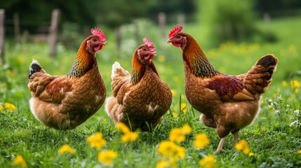 Fototapeta premium Three chickens stand in a lush green field dotted with yellow flowers, creating a vibrant and lively farm scene.