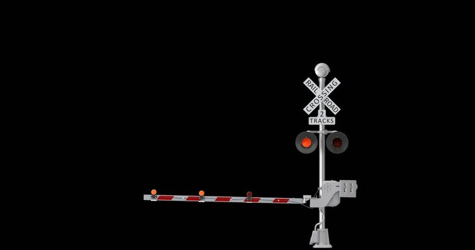 Raising and lowering the ramp at a railway crossing with warning lights - 3D animation seamlessly loopable isolated on transparent background
