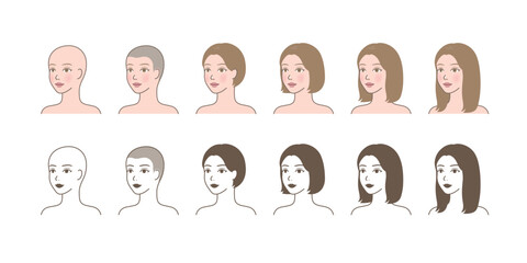 Changes in hair length_bald head, short, medium(middle), long hair_45 degree angle