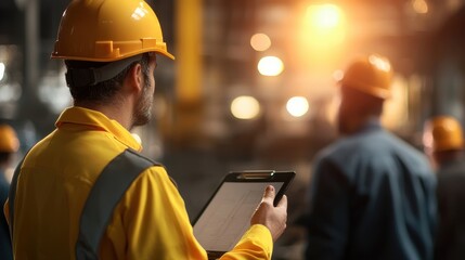 Industrial compliance lawyers reviewing environmental impact assessments in a steel factory, Pittsburgh, USA.