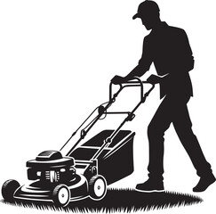 A Person Mowing Lawn with a Lawn Mower Silhouette Vector Illustration
