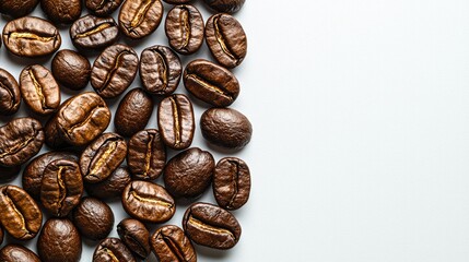 Roasted coffee beans scattered on a plain white surface background