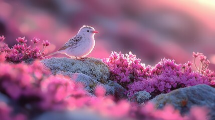 A small bird perches on a mossy rock among flowers