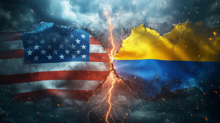 USA and Ukraine Flags Split by Lightning, Symbolizing Conflict and Tension