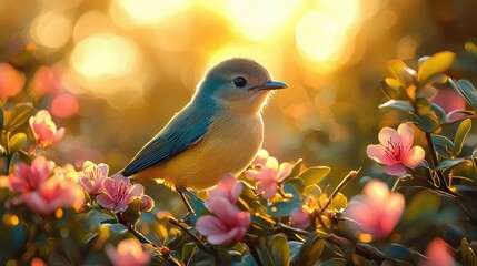 A Colorful Bird Sits Gracefully Amidst Blooming Pink Flowers