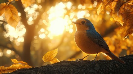 A small bird rests on a branch in autumnal sunlight