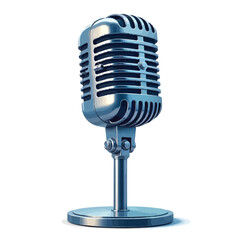 Fototapeta premium Vintage silver microphone on stand, retro chrome mic for podcasting and broadcasting, classic metallic vocal equipment for music studio recording and live stage performance, eps vector
