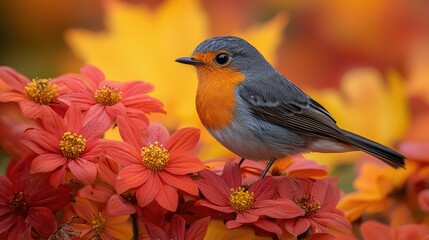 A small bird perched on colorful flowers in the sunlight