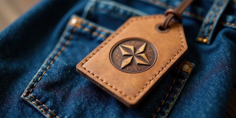 Artisan Leather Tag on Denim Fabric A Close-Up View of a Handcrafted Accessory