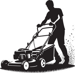 A Person Mowing Lawn with a Lawn Mower Silhouette Vector Illustration