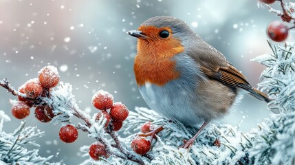 A small orange breasted bird sits on a snowy branch