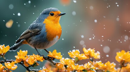 A small colorful bird sitting on a flower covered branch