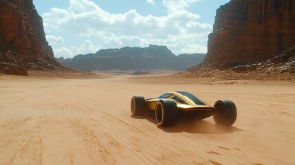 A futuristic vehicle speeding across a vast desert landscape