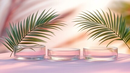 Fototapeta premium Transparent Glass Display Pedestals with Palm Leaves