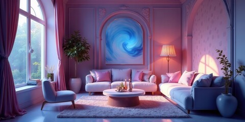 Serene Evening Ambiance in a Lavishly Appointed Living Room with Soft Lighting and Plush Seating