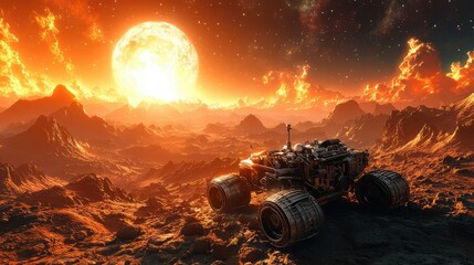 A rover exploring a fiery alien planet under a bright sun