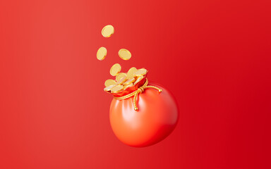 3d rendering chinese style lucky bag and coin