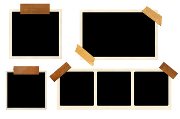 Set of empty retro photo, adhesive tape strips. Photograph blank element for scrapbooking. Masking tape part and vintage photoframe. Isolated on white background. Picture album template and duct tape