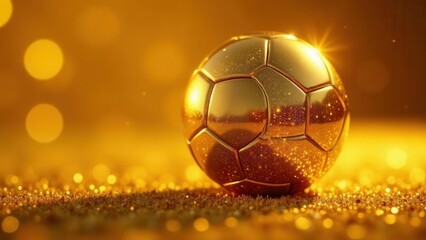 Naklejka premium A Golden Soccer Ball Rests on Glittering Surface, Illuminated by Warm Light
