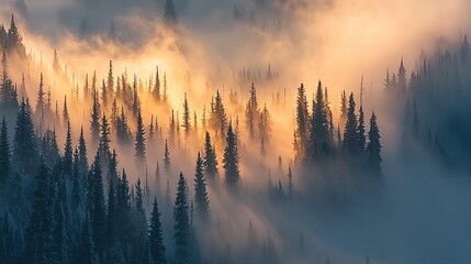 Obraz premium Sunrise Fog in a Coniferous Forest