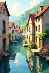 Obraz premium Tranquil Canalside Village with Charming Stone Houses and Lush Greenery Reflecting in Calm Waters