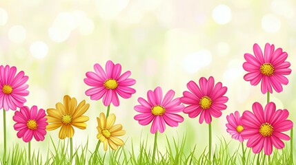 Pink and Yellow Daisies in a Spring Meadow