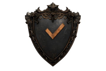 Ornate vintage shield with bronze checkmark emblem