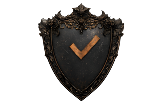 Ornate vintage shield with bronze checkmark emblem