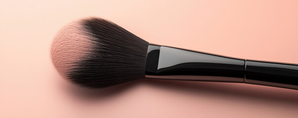 close up view of makeup brush with soft, rounded bristle head on smooth, pastel background. This captures elegance and precision of beauty tools