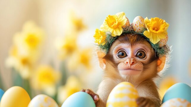 Cute baby monkey with flower crown among colorful easter eggs and daffodils. Easter, Pascha, Paskha, Ostern, Pascua, Paques - Orthodox and Catholic Holiday celebration