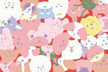 犬の顔が重なったおしゃれでカラフルな背景　手書きの犬　落書き　トイプードル　チワワ　ポメラニアン　柴犬